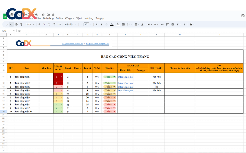 Mẫu báo cáo công việc tháng file Excel