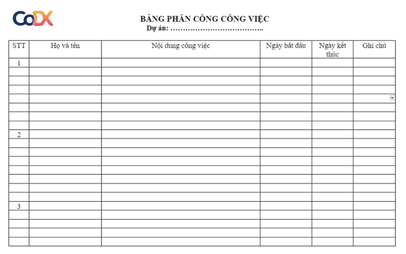 Bảng phân công công việc nhóm word
