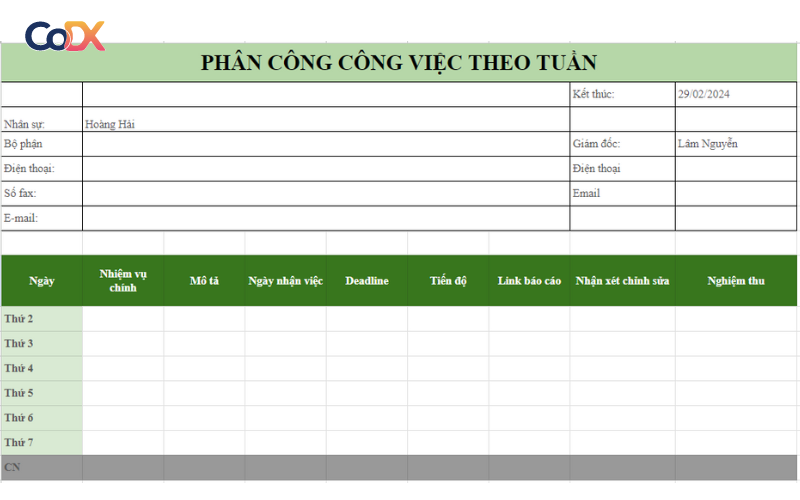 Mẫu bảng phân công công việc cho nhân viên
