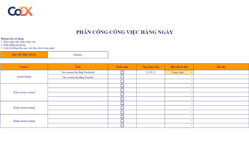 Mẫu bảng phân công công việc hàng ngày