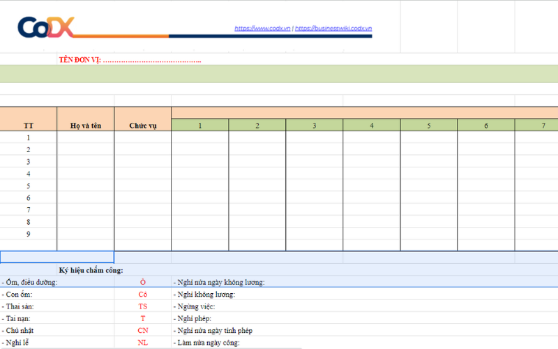 Mẫu bảng chấm công Excel hàng ngày