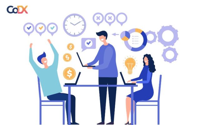 Three people are engaged in a productive work discussion with laptops, charts, gears, and productivity icons surrounding them to illustrate increased work efficiency.