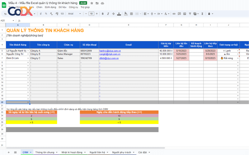 Mẫu file Excel quản lý thông tin khách hàng