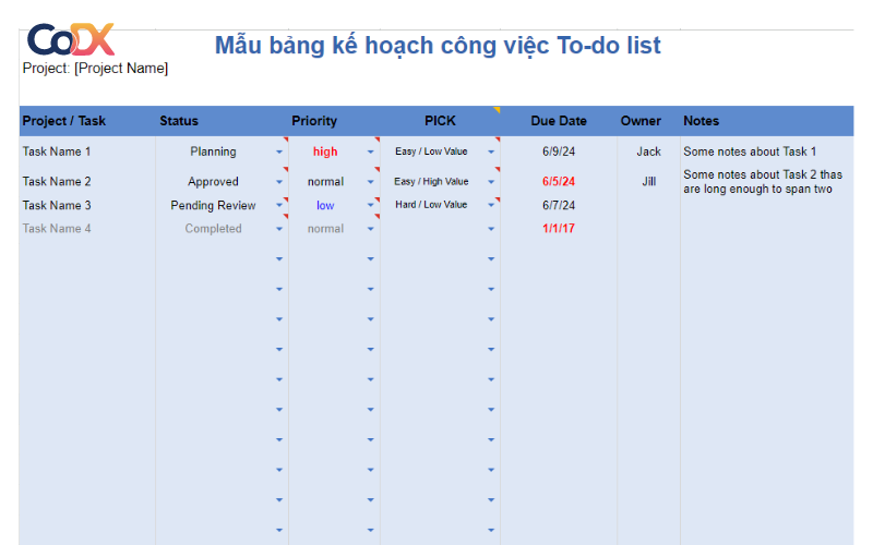 bảng kế hoạch công việc